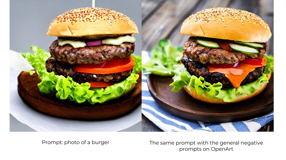 Using general negative prompts in stable diffusion on a photo of burger